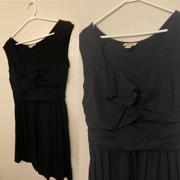 Loft black stretchy modal jersey sleeveles scoop neck ruffle comfort dress L - Picture 1 of 9